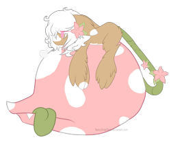 Size: 2053x1699 | Tagged: safe, artist:pennydropshop, oc, oc:bloom, oc:blossom, monster pony, original species, piranha plant pony, plant pony, augmented tail, fangs, female, flower, flower in hair, hoof fluff, lying down, plant, simple background, tired, tongue out, transparent background