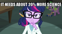 Size: 640x357 | Tagged: safe, edit, edited screencap, screencap, sci-twi, spike, spike the regular dog, twilight sparkle, dog, equestria girls, g4, my little pony equestria girls: rainbow rocks, 20% cooler, caption, clothes, female, glasses, image macro, lab coat, male, paws, science, scientist, solo, text, that pony sure does love science