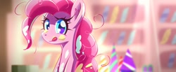 Size: 1000x413 | Tagged: safe, artist:astril, pinkie pie, earth pony, pony, g4, bookshelf, female, licking, licking lips, mare, messy mane, smiling, solo, tongue out