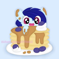 Size: 1080x1080 | Tagged: safe, artist:shinyrubyz.official, oc, oc only, earth pony, pony, :d, chibi, earth pony oc, food, micro, open mouth, pancakes, plate, simple background, smiling, solo