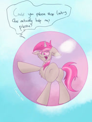 Size: 768x1024 | Tagged: safe, artist:lumepone, minty bubblegum, pony, unicorn, g4, on your marks, background pony, bubblegum, dialogue, female, floating, food, gum, in bubble, mare, solo, trapped, underhoof