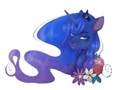 Size: 580x430 | Tagged: safe, artist:brendalobinha, princess luna, alicorn, pony, g4, bust, crown, female, flower, jewelry, looking at you, mare, regalia, simple background, solo, transparent background, wavy mane