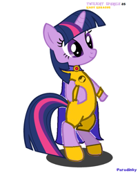 Size: 663x815 | Tagged: safe, twilight sparkle, pony, unicorn, g4, 1000 hours in ms paint, amulet, boots, cloak, clothes, female, jewelry, lady legasus, leotard, mare, outfit, raven (dc comics), shoes, solo, standing, symbol, teen titans go, text, unicorn twilight, voice actor joke, wristband