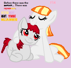 Size: 309x297 | Tagged: safe, artist:pagiepoppie12345, oc, oc:mitta, oc:ruby, oc:ruby (story of the blanks), earth pony, pony, story of the blanks, cute, duo, eyes closed, female, hug, mare, red eyes, smiling, text