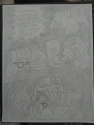 Size: 1944x2592 | Tagged: safe, artist:princebluemoon3, moondancer, saffron masala, sweet biscuit, pony, unicorn, comic:the chaos within us, g4, background pony, black and white, body horror, canterlot, chaos, clothes, comic, commissioner:bigonionbean, confused, crying, dialogue, drawing, dream, female, floating, glasses, grayscale, group hug, headband, horror, hug, hugging a pony, inhaling, jewelry, magic, male, mare, monochrome, night, nightmare, out of control magic, panic, scared, scarf, swallowing, traditional art, writer:bigonionbean