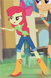 Size: 944x1433 | Tagged: safe, screencap, apple bloom, scootaloo, equestria girls, g4, rainbow rocks, angry, apple bloom's bow, boots, bow, cafeteria, chair, clothes, cropped, female, hair bow, jeans, pants, pointing, shirt, shoes, solo focus, table