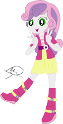 Size: 5100x10050 | Tagged: safe, artist:marcorulezzz, sweetie belle, equestria girls, g4, boots, clothes, cute, female, jacket, looking at you, peace sign, shoes, show accurate, signature, simple background, skirt, solo, transparent background