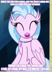 Size: 500x687 | Tagged: safe, edit, edited screencap, screencap, silverstream, classical hippogriff, hippogriff, g4, uprooted, caption, cropped, cute, diastreamies, eyes closed, female, happy, image macro, jewelry, meme, necklace, owl city, shooting star, sitting, solo, song reference, text, the place where we belong