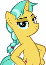 Size: 3090x4347 | Tagged: safe, artist:ironm17, citrine spark, pony, unicorn, fake it 'til you make it, g4, bipedal, elegant, female, friendship student, high res, hooves on hips, simple background, smug, solo, transparent background, vector