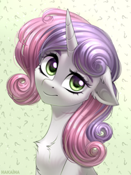 Size: 2250x2990 | Tagged: safe, artist:hakaina, sweetie belle, pony, unicorn, g4, abstract background, bust, cheek fluff, chest fluff, cute, diasweetes, ear fluff, female, floppy ears, head tilt, high res, looking at you, mare, older, older sweetie belle, portrait, solo