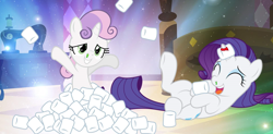 Size: 1916x942 | Tagged: safe, artist:pixeltripper, edit, rarity, sweetie belle, pony, unicorn, g4, bed, belle sisters, blood, carousel boutique, coronavirus, covid-19, duo, female, filly, food, horn, horn impalement, marshmallow, rarity is a marshmallow, show accurate, sick, snot, sweetie belle is a marshmallow too, wat