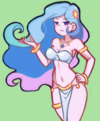 Size: 1520x1844 | Tagged: safe, artist:drantyno, princess celestia, principal celestia, human, equestria girls, g4, armlet, armpits, belly button, belly dancer, belly dancer outfit, bracelet, breasts, cleavage, female, flowing hair, green background, hand on hip, harem outfit, jewelry, leg bracelet, loincloth, midriff, necklace, pose, simple background, solo, strapless, stupid sexy celestia