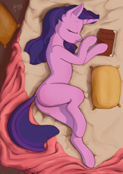Size: 2894x4093 | Tagged: safe, artist:mrstrats, twilight sparkle, pony, unicorn, g4, bed, book, butt, female, mare, missing cutie mark, no cutie marks yet, on bed, on side, pillow, plot, sleeping, solo, unicorn twilight