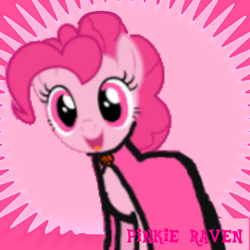 Size: 1024x1024 | Tagged: safe, artist:pagiepoppie12345, pinkie pie, earth pony, pony, derpibooru, g4, amulet, cloak, clothes, colors of raven, cute, diapinkes, flower, happy, jewelry, meta, pink, pink background, pink eyes, pinkest pie, pinkie raven, raven (dc comics), simple background, smiling, spoilered image joke, teen titans go, text