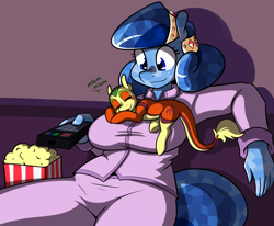Size: 1832x1512 | Tagged: safe, artist:whatsapokemon, oc, oc:heart song, oc:non toxic, crystal pony, monster pony, original species, pony, tatzlpony, anthro, big breasts, breast pillow, breasts, clothes, female, food, male, mlem, pajamas, popcorn, silly, sleeping, tongue out