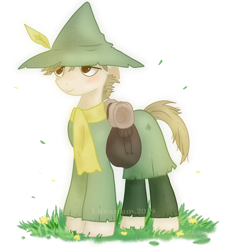 Size: 1680x1850 | Tagged: safe, artist:daryaberry, pony, crossover, grass, hat, moomins, ponified, satchel, snufkin, solo