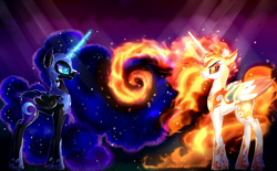 Size: 1600x992 | Tagged: safe, artist:daryaberry, daybreaker, nightmare moon, alicorn, pony, g4, duo, ethereal mane, evil smile, female, fire, glowing horn, grin, helmet, hoof shoes, horn, looking at each other, magic, mane of fire, mare, smiling, swirls, wings