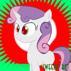 Size: 1024x1021 | Tagged: safe, sweetie belle, pony, robot, robot pony, unicorn, derpibooru, friendship is witchcraft, g4, female, filly, green eyes, meta, needs more saturation, red eyes, spoilered image joke, sweetie bot, text