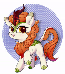 Size: 2150x2428 | Tagged: safe, artist:inaba_hitomi, autumn blaze, kirin, awwtumn blaze, circle background, cute, female, high res, looking at you, pixiv, raised hoof, solo, tongue out