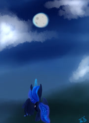 Size: 768x1064 | Tagged: safe, artist:inaba_hitomi, princess luna, alicorn, pony, g4, cloud, female, glowing horn, horn, mare, moon, night, rear view, solo