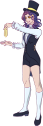 Size: 373x1081 | Tagged: safe, artist:sychia, oc, oc only, oc:meg spangles, human, cloth, clothes, coat, female, flats, hat, humanized, humanized oc, magician, magician outfit, shirt, shoes, shorts, simple background, socks, solo, stockings, thigh highs, top hat, transparent background, vest