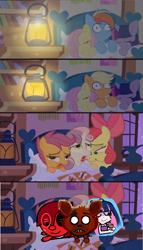 Size: 848x1480 | Tagged: safe, artist:fillylover, artist:mittsies, editor:pagiepoppie12345, apple bloom, applejack, fluttershy, rainbow dash, scootaloo, sweetie belle, twilight sparkle, angel, earth pony, fox, pegasus, pony, robot, unicorn, g4, 1000 hours in ms paint, anarchy stocking, animatronic, bed, bedroom, bow, cake, clothes, crossover, cutie mark crusaders, eyes closed, female, filly, five nights at freddy's, flutterdashlight, food, foxy, freckles, hair bow, implied group sex, implied sex, implied threesome, lantern, lesbian, male, mare, movieunleashers, night, pajamas, panty and stocking with garterbelt, polyamory, ship:appleshy, ship:flutterdash, ship:scootabelle, ship:scootabloom, ship:sweetiebloom, ship:sweetiebloomaloo, ship:twijack, shipping, sleeping, teen zalgo pagie, three curious ponies, unicorn twilight, window, zalgo, zalgo pagie