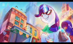 Size: 1473x900 | Tagged: safe, artist:seanica, rarity, pony, unicorn, g4, bag, city, clothes, female, glowing horn, grin, horn, letterboxing, levitation, low angle, magic, manehattan, mare, scarf, scenery, smiling, solo, sunglasses, telekinesis