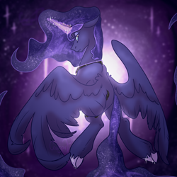 Size: 3150x3150 | Tagged: safe, artist:caesarproduction, princess luna, alicorn, pony, g4, female, flying, glowing horn, high res, horn, looking at you, looking back, looking back at you, mare, spread wings, wings