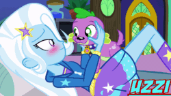 Size: 800x450 | Tagged: safe, artist:uzzi-ponydubberx, sci-twi, spike, spike the regular dog, trixie, twilight sparkle, dog, human, equestria girls, g4, animated, bestiality, female, fetish, gif, interspecies, kiss on the lips, kissing, male, romantic, shipping, spike gets all the equestria girls, spixie, straight, surprised, tail wag, tailwag, zoophilia