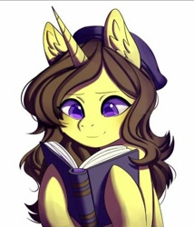 Size: 868x1012 | Tagged: artist needed, safe, oc, oc:astral flare, pony, unicorn, beanie, book, cute, hat, reading, smiling