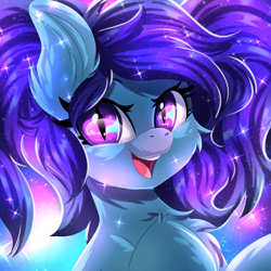 Size: 700x700 | Tagged: safe, artist:ask-colorsound, oc, oc only, oc:eclipsia, bat pony, pony, adorable face, bat pony oc, bat wings, chest fluff, cute, ear fluff, female, galaxy, happy, looking at you, mare, open mouth, pigtails, slit pupils, smiling, solo, wings