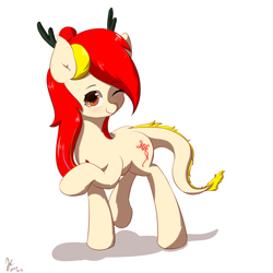 Size: 960x960 | Tagged: safe, artist:jerryenderby, oc, oc only, oc:kina hua, dracony, dragon, eastern dragon, hybrid, longma, pony, antlers, china, chinese, dragon tail, fangs, hair bun, looking at you, nation ponies, one eye closed, ponified, raised hoof, simple background, solo, white background, wink, winking at you