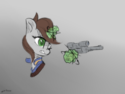 Size: 1200x900 | Tagged: safe, artist:shido-tara, oc, oc only, oc:littlepip, pony, unicorn, fallout equestria, aiming, angry, clothes, fanfic, fanfic art, female, glowing horn, gradient background, gritted teeth, gun, handgun, horn, jumpsuit, levitation, little macintosh, magic, mare, one eye closed, optical sight, revolver, scope, sketch, solo, telekinesis, vault suit, weapon