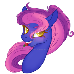 Size: 1920x1921 | Tagged: safe, artist:nightingalewolfie, oc, oc only, pony, bust, cherry, deviantart watermark, female, food, mare, mouth hold, obtrusive watermark, portrait, simple background, solo, transparent background, watermark