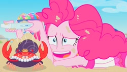 Size: 1280x720 | Tagged: safe, screencap, pinkie pie, crab, human, equestria girls, g4, my little pony equestria girls: better together, too hot to handle, clothes, faceplant, female, nailed it, open mouth, snow cone, steam, steamy, swimsuit, youtube link