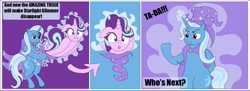 Size: 1280x464 | Tagged: safe, artist:vacuumvorer, starlight glimmer, trixie, g4, cape, clothes, comic, dialogue, hat, hat vore, magic, magic trick, sucking in, text, trixie's cape, trixie's hat