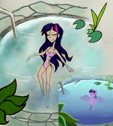 Size: 2647x2968 | Tagged: safe, artist:citi, screencap, twilight sparkle, alicorn, human, deep tissue memories, g4, spoiler:deep tissue memories, spoiler:mlp friendship is forever, barefoot, breasts, cleavage, clothes, feet, female, high res, humanized, one-piece swimsuit, scene interpretation, screencap reference, solo, swimsuit, traditional art, twilight sparkle (alicorn)