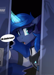 Size: 1350x1875 | Tagged: safe, artist:shadowreindeer, princess luna, alicorn, pony, g4, connor, connor luna, crossover, detroit, detroit: become human, dialogue, female, open mouth, solo, speech bubble