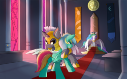 Size: 1920x1200 | Tagged: safe, artist:lunar froxy, princess celestia, oc, oc:typh, alicorn, pegasus, pony, unicorn, g4, angry, armor, banner, castle, eyes closed, gritted teeth, royal guard, throne