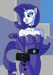 Size: 2048x2891 | Tagged: safe, artist:rickardt, rarity, unicorn, anthro, g4, abstract background, breasts, choker, cleavage, female, high res, purse, solo
