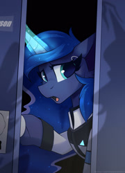 Size: 1350x1875 | Tagged: safe, alternate version, artist:shadowreindeer, princess luna, pony, g4, connor, connor luna, crossover, detroit: become human, female, glowing horn, horn, mare, open mouth, rk900, shadow, solo