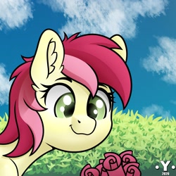 Size: 2000x2000 | Tagged: safe, artist:yelowcrom, roseluck, earth pony, pony, g4, bush, bust, cloud, cute, ear fluff, female, flower, high res, mare, portrait, rosabetes, rose, sky, solo