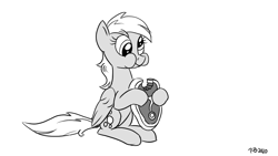 Size: 1200x675 | Tagged: safe, artist:pony-berserker, derpy hooves, pegasus, pony, pony-berserker's twitter sketches, g4, derpy being derpy, female, food, halftone, meat, monochrome, ponies eating meat, solo, something is not right, steak, this will end in sickness, this will end in tears