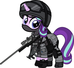 Size: 6000x5475 | Tagged: safe, alternate version, artist:n0kkun, starlight glimmer, pony, unicorn, g4, accuracy international, armor, awm, balaclava, belt, boots, british, clothes, earpiece, female, gloves, goggles, gun, helmet, knee pads, mare, mp5, mp5k, pants, police, pouch, rifle, sco19, shoes, simple background, sniper, sniper rifle, solo, submachinegun, transparent background, united kingdom, watch, weapon, wristwatch