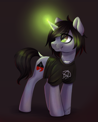 Size: 1800x2253 | Tagged: safe, artist:sannykat, pony, unicorn, clothes, commission, disguise, disguised siren, dock, fangs, glowing, glowing horn, gradient background, hair over one eye, happy, horn, jewelry, kellin quinn, magic, male, necklace, ponified, shirt, sleeping with sirens, slit pupils, solo, stallion, standing, t-shirt, watermark, ych result