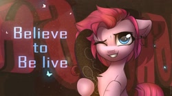 Size: 2674x1500 | Tagged: safe, artist:radioaxi, pinkie pie, butterfly, earth pony, pony, g4, alternate hairstyle, ear piercing, earring, grin, jewelry, one eye closed, piercing, skateboard, smiling