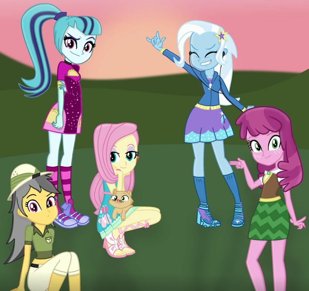 2347665 - safe, artist:charliexe, artist:grapefruitface1, cheerilee, daring  do, fluttershy, sonata dusk, trixie, cat, equestria girls, armlet, base  used, clothes, devil horn (gesture), earbuds, equestria girls-ified,  female, food, freckles, hat ...