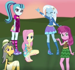 Size: 1024x964 | Tagged: safe, artist:charliexe, artist:grapefruitface1, cheerilee, daring do, fluttershy, sonata dusk, trixie, cat, equestria girls, g4, armlet, base used, clothes, devil horn (gesture), earbuds, equestria girls-ified, female, food, freckles, hat, jewelry, looking at you, miss kitty, ponytail, sandals, show accurate, taco, taco dress