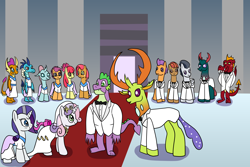 Size: 2048x1365 | Tagged: safe, artist:platinumdrop, apple bloom, babs seed, button mash, garble, ocellus, pharynx, princess ember, rarity, rumble, scootaloo, smolder, spike, sweetie belle, tender taps, thorax, changedling, changeling, g4, the last problem, adult, changedling brothers, female, future, gigachad spike, i want my beloved to be happy, king thorax, male, marriage, older, older spike, prince pharynx, request, ship:spikebelle, shipping, straight, wedding