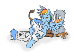 Size: 872x632 | Tagged: safe, artist:koopakrazy85, edit, rainbow dash, oc, unnamed oc, griffon, pegasus, pony, g4, bedroom eyes, bisexual, canon x oc, cropped, female, griffon oc, looking at each other, male, mare, pegasus oc, polyamory, shipping, simple background, white background, wings